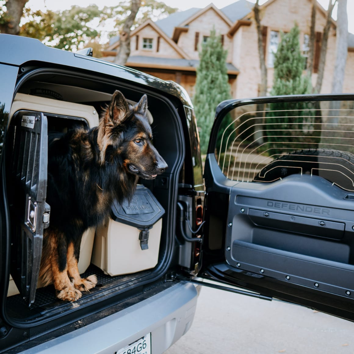 A large German Shepherd sits inside a GUNNER G1™ KENNEL - TAN in the back of an SUV with the door open, looking outside. A house and trees are in the background, showing this as a safe travel dog crate option.