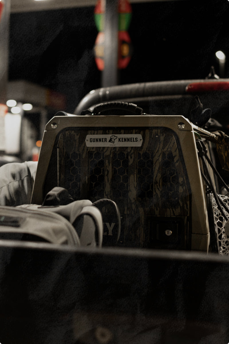 A rugged Gunner Kennels dog crate sits among bags and gear in the back of a vehicle at night, illuminated by nearby lights—ready for any adventure with your working dog.