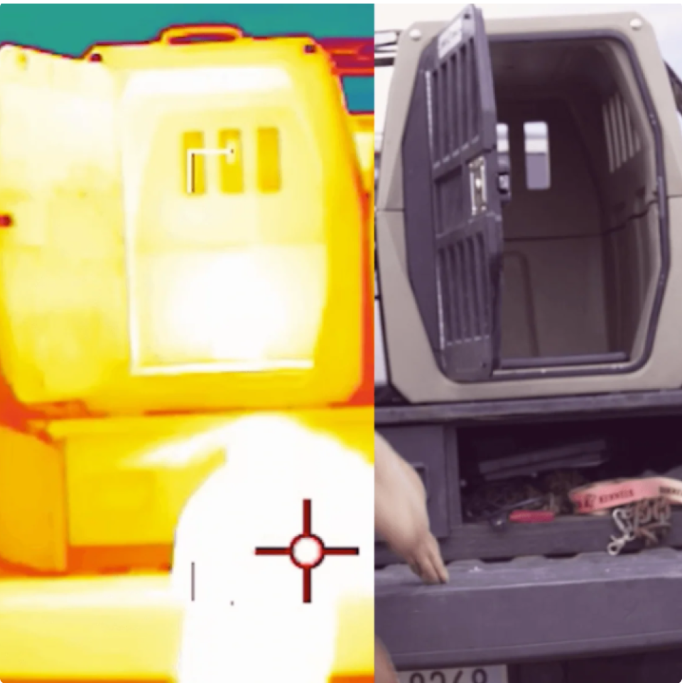 Split image showing the back of a vehicle: the left half in thermal view highlighting heat signatures, and the right half in regular view with the rear door open, revealing an empty compartment for outdoor gear or a dog kennel inside.