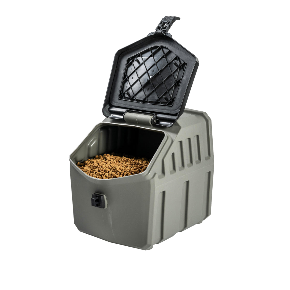 The GUNNER FOOD CRATE - GUNMETAL by GUNNER is a gray, waterproof dog food container with a hinged black lid, shown open and filled with kibble, ideal for secure storage and pest protection. Isolated on white background.