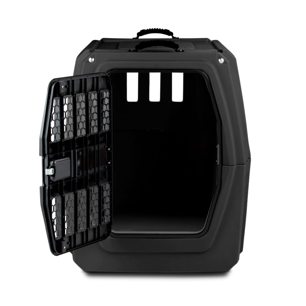 The GUNNER G1™ KENNEL in Mossy Oak Bottomland Black is a durable plastic dog crate featuring a grated door that opens left, an empty interior, and ventilation slots on the back wall.