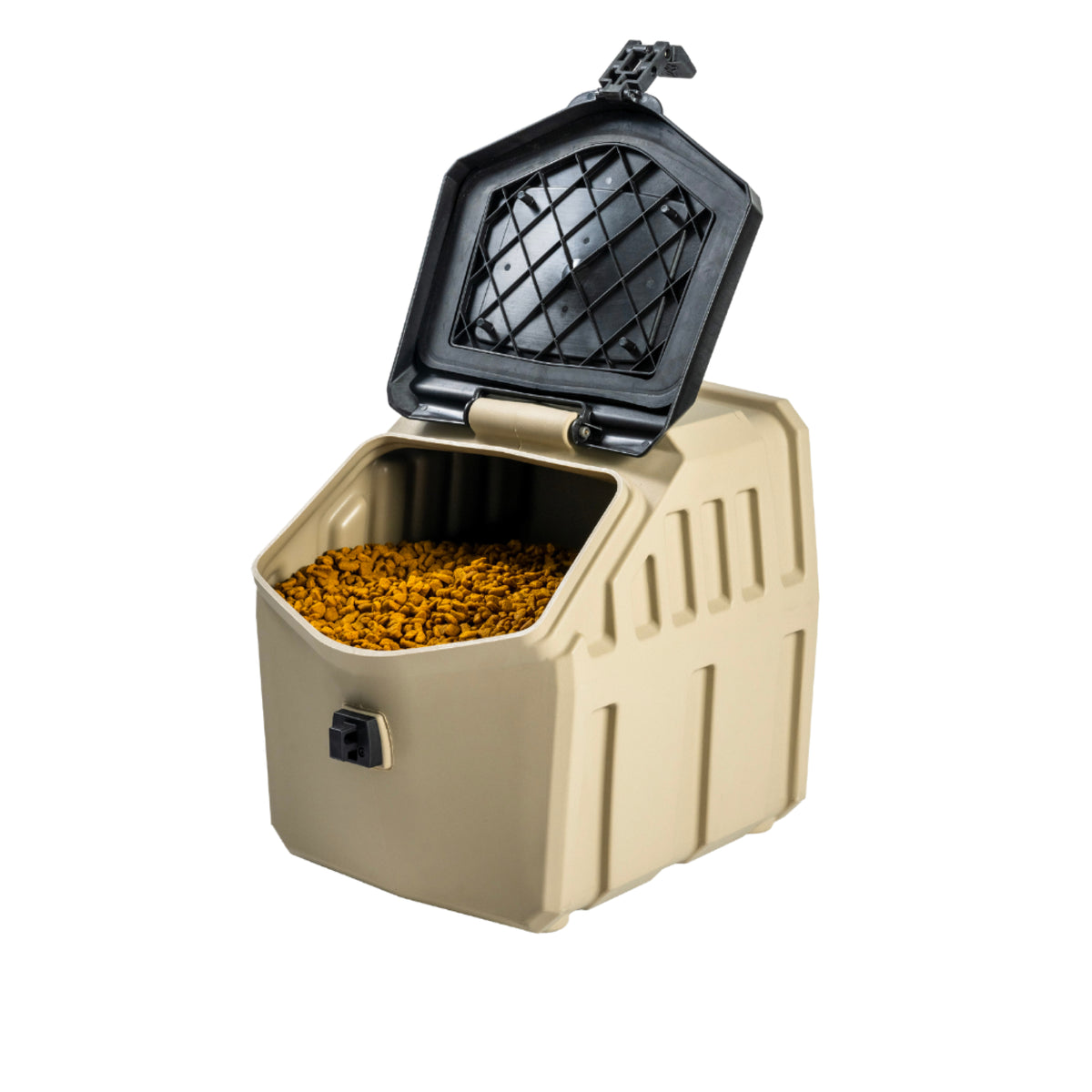 The GUNNER FOOD CRATE - TAN by GUNNER is a beige plastic dog food storage container with a black hinged lid, shown open and filled with kibble. This pest-proof crate keeps your pets food fresh and secure.