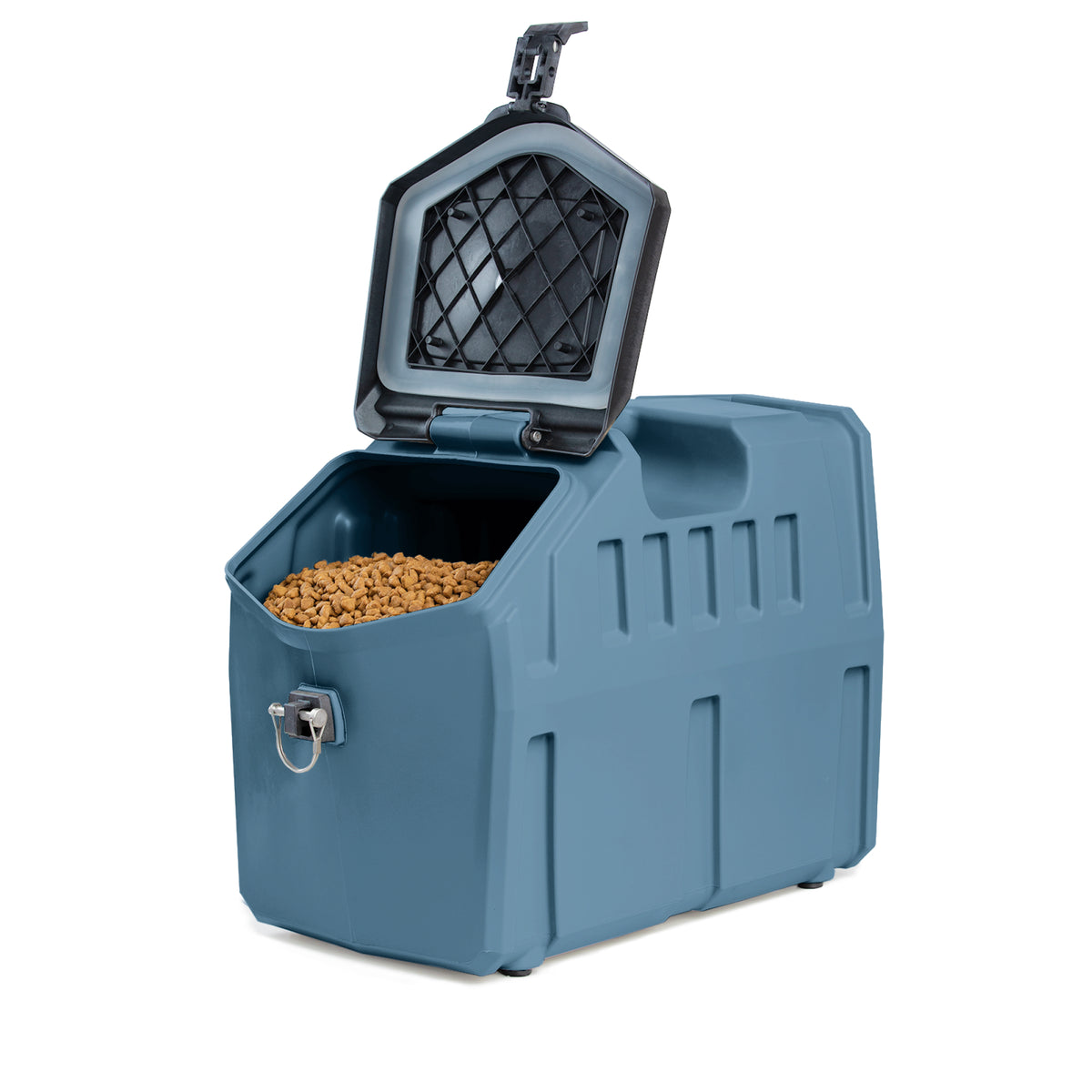 The GUNNER FOOD CRATE - Ducks Unlimited Blue by GUNNER is a blue plastic dog food storage container filled with dry pet food, featuring an open airtight hinged lid and front metal latch. Made in America.