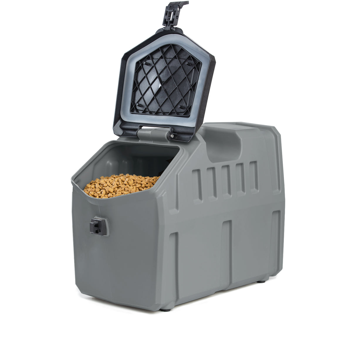 The GUNNER FOOD CRATE - GUNMETAL by GUNNER is a large, waterproof dog food container with a black front latch and diamond-patterned lining, designed to keep dry pet food fresh.