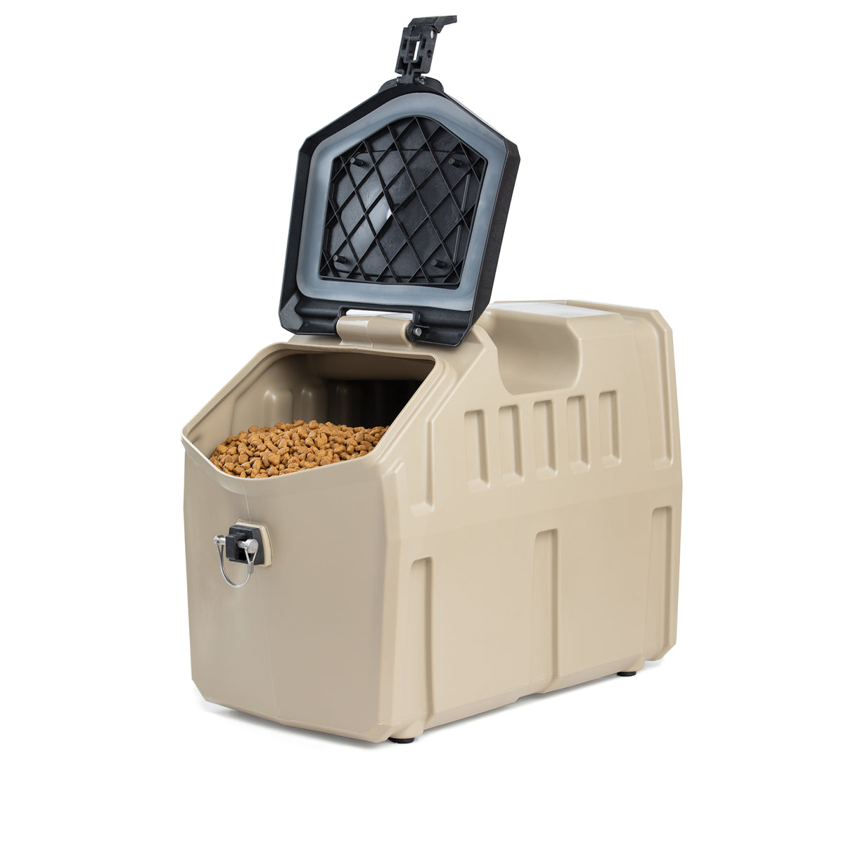 The GUNNER FOOD CRATE - TAN by GUNNER is a beige plastic, pest-proof dog food container with a black lid, carrying handle, and front latch. Shown open with dry kibble inside, it offers secure storage for your dogs food.