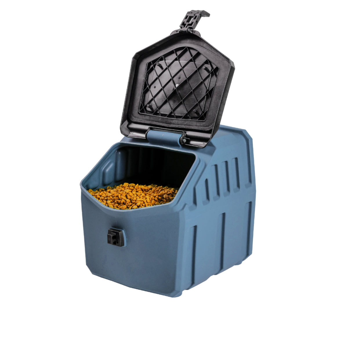 The GUNNER FOOD CRATE - Ducks Unlimited Blue by GUNNER is an American-made, textured blue dog food storage container with a hinged black lid, secure front latch, airtight seal, and sturdy design, shown partially open with dry pet food inside.