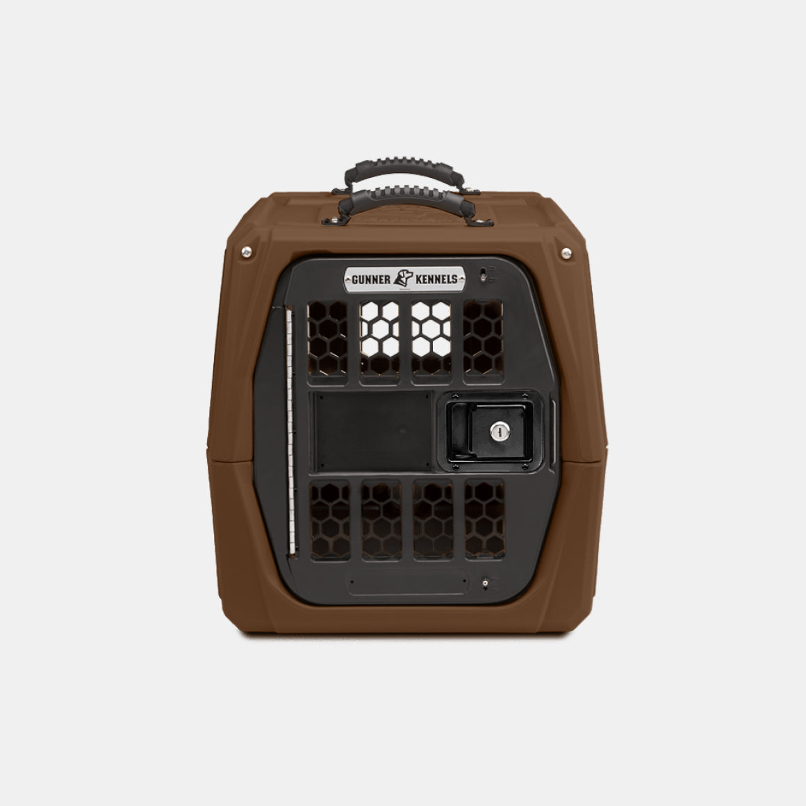 The GUNNER G1™ Kennel - Susquehanna is a hard-sided brown and black pet crate from the Archive Series, with Flyway colors, top handle, ventilation holes, and secure front latch—designed for dog safety. Shown on a plain white background.