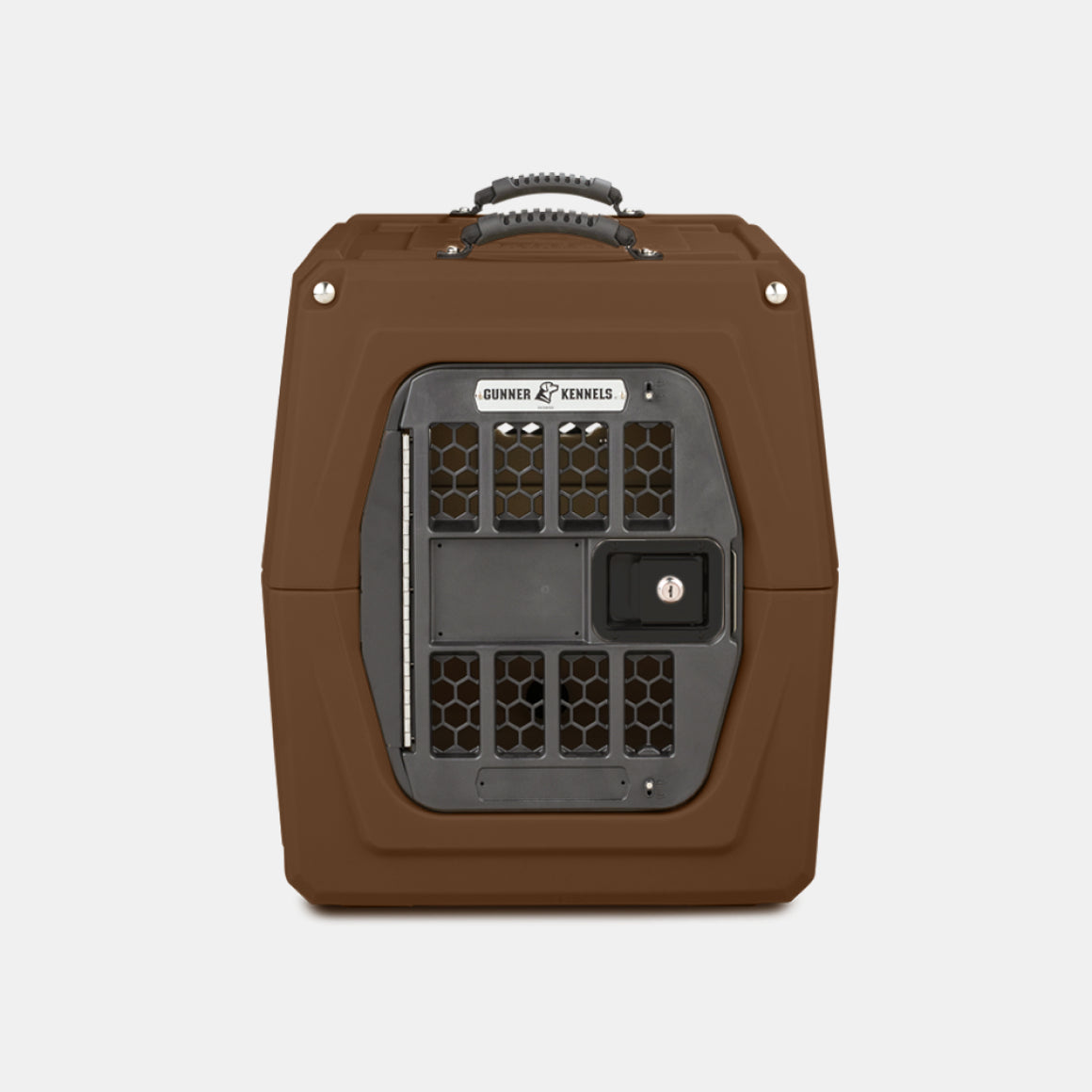 A GUNNER G1™ KENNEL - SUSQUEHANNA, a brown hard-sided pet crate with Flyway colors, black metal door, ventilation holes, and a carrying handle for top dog protection—displayed against a white background.