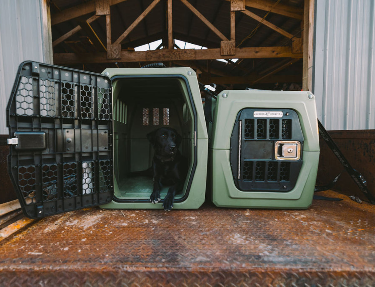A black puppy sits inside an open GUNNER G1™ KENNEL in Gunner Green next to a closed crate, both on a metal surface before a wooden structure. This safest dog crate is proudly Made in America.