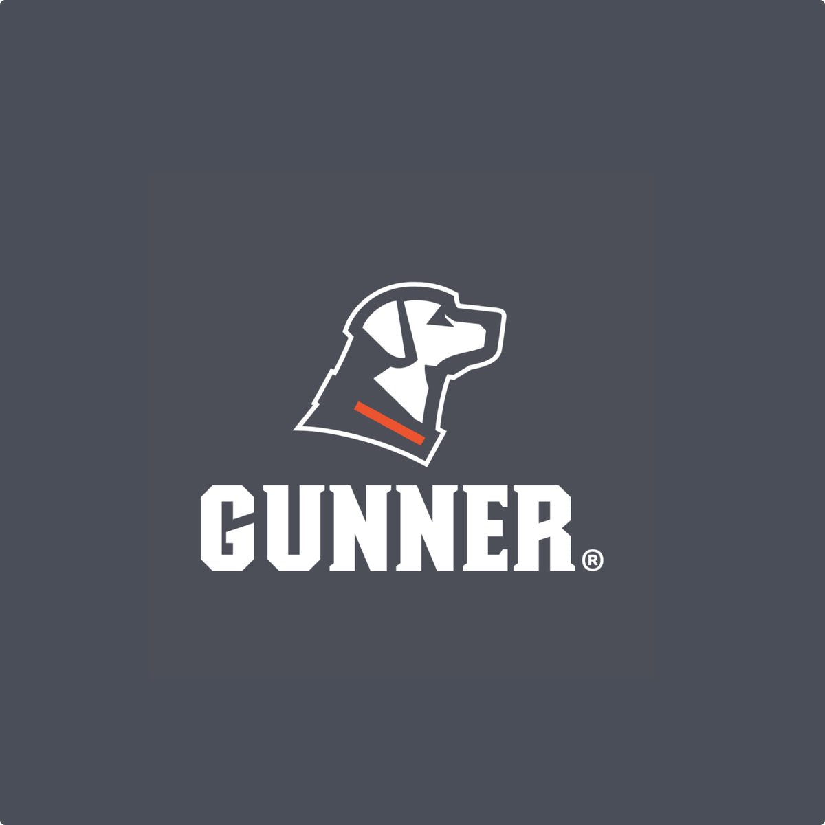 Logo featuring a stylized white dog head with an orange collar on a dark gray background, above the bold white text “GUNNER”—perfect for brands specializing in dog crate or kennel outdoor gear.