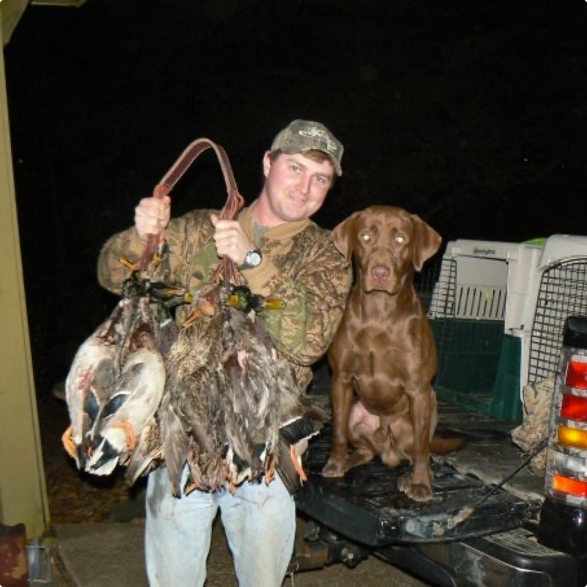 A man in camouflage holds up several hunted ducks, standing next to a brown Labrador retriever sitting on a dog crate on the tailgate of a truck at night.