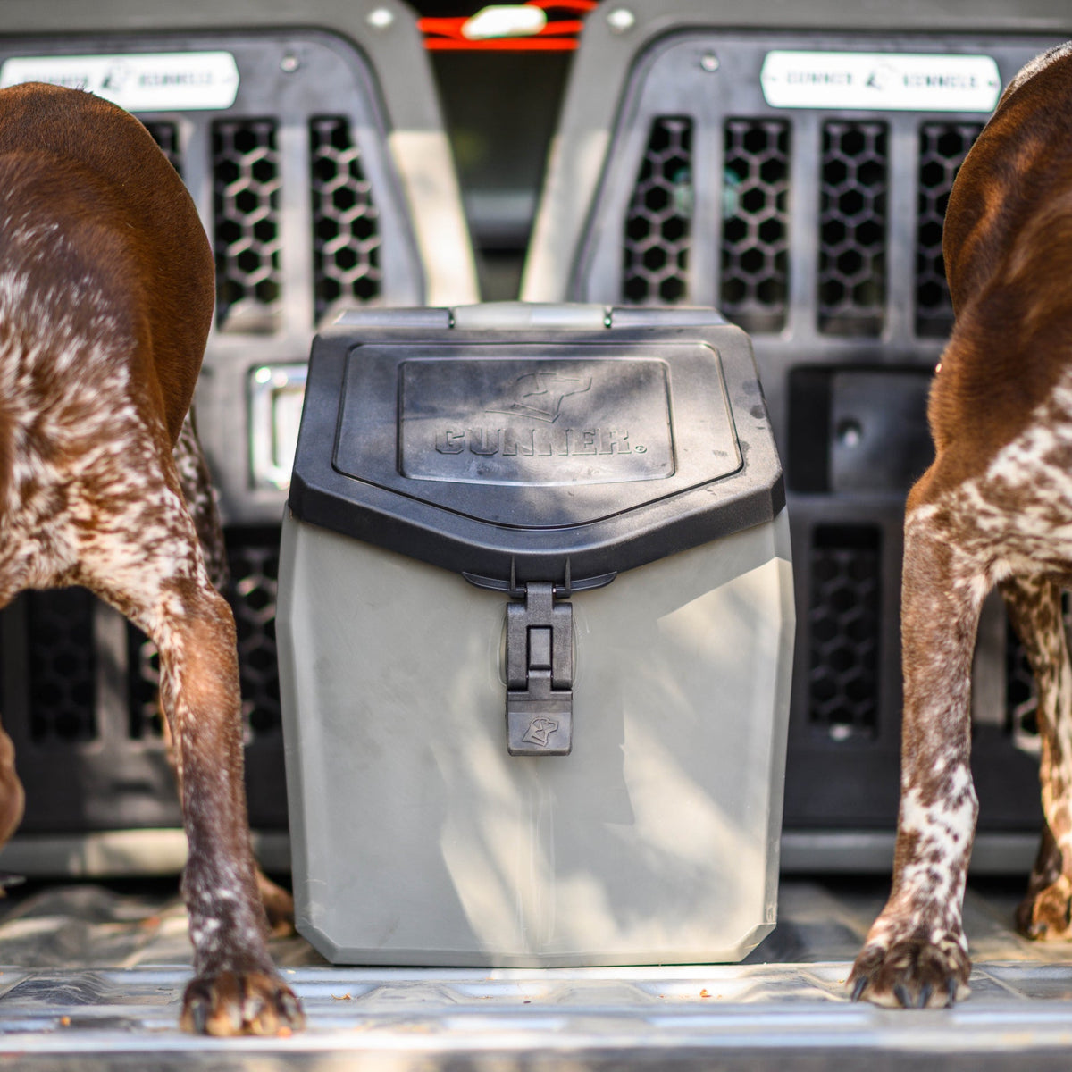 A GUNNER FOOD CRATE - GUNMETAL sits between two brown and white dogs, showing only their legs and bodies, in front of black pet crates with mesh doors. Brand: GUNNER.