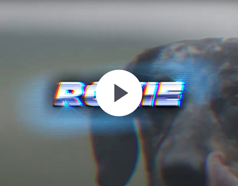 A video thumbnail shows the glitchy, bold text ROGIE over a blurred background with part of a hunting dog’s face visible. A white play button icon is centered over the text, giving an adventurous vibe for outdoor gear enthusiasts.