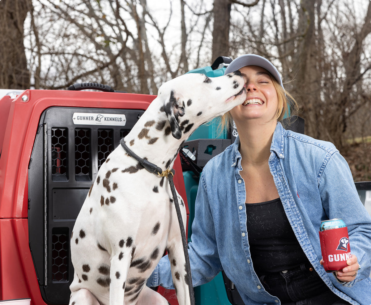 A Dalmatian, a loyal working dog, licks a smiling woman’s face as she holds a drink can. They are outdoors near a red kennel with trees in the background. The woman wears a blue cap and denim shirt.