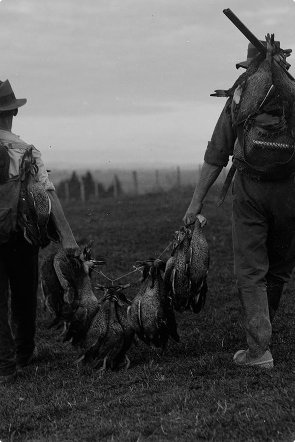 Two people walk across a grassy field, viewed from behind. One carries a rifle and backpack; both carry multiple hanging ducks, suggesting they have been hunting with a skilled hunting dog. The scene is in black and white.