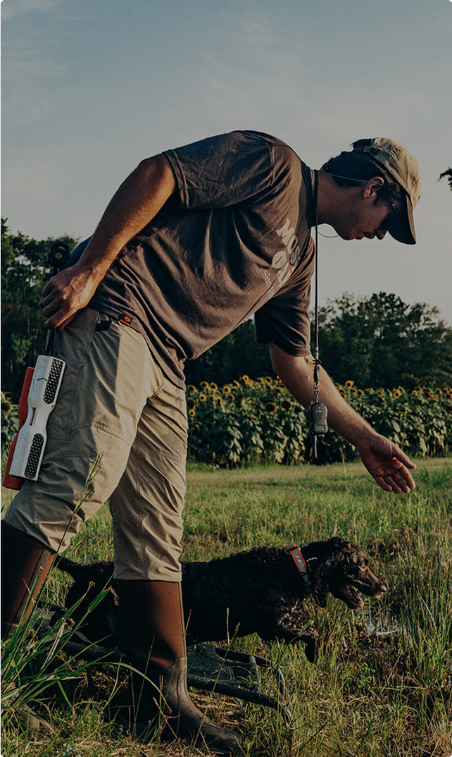 A man wearing a cap and boots, outfitted with outdoor gear, gestures with his arm while standing in a grassy field, as a dog runs nearby and sunflowers bloom in the background.