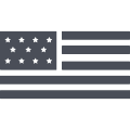 A simplified, grayscale illustration of the American flag with thirteen stars in a grid and horizontal stripes, all in dark gray on a light background, is subtly framed by the silhouette of a hunting dog sitting beside a dog kennel.