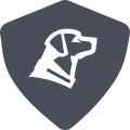A white silhouette of a hunting dog’s head in profile facing right, centered on a dark gray shield-shaped background.