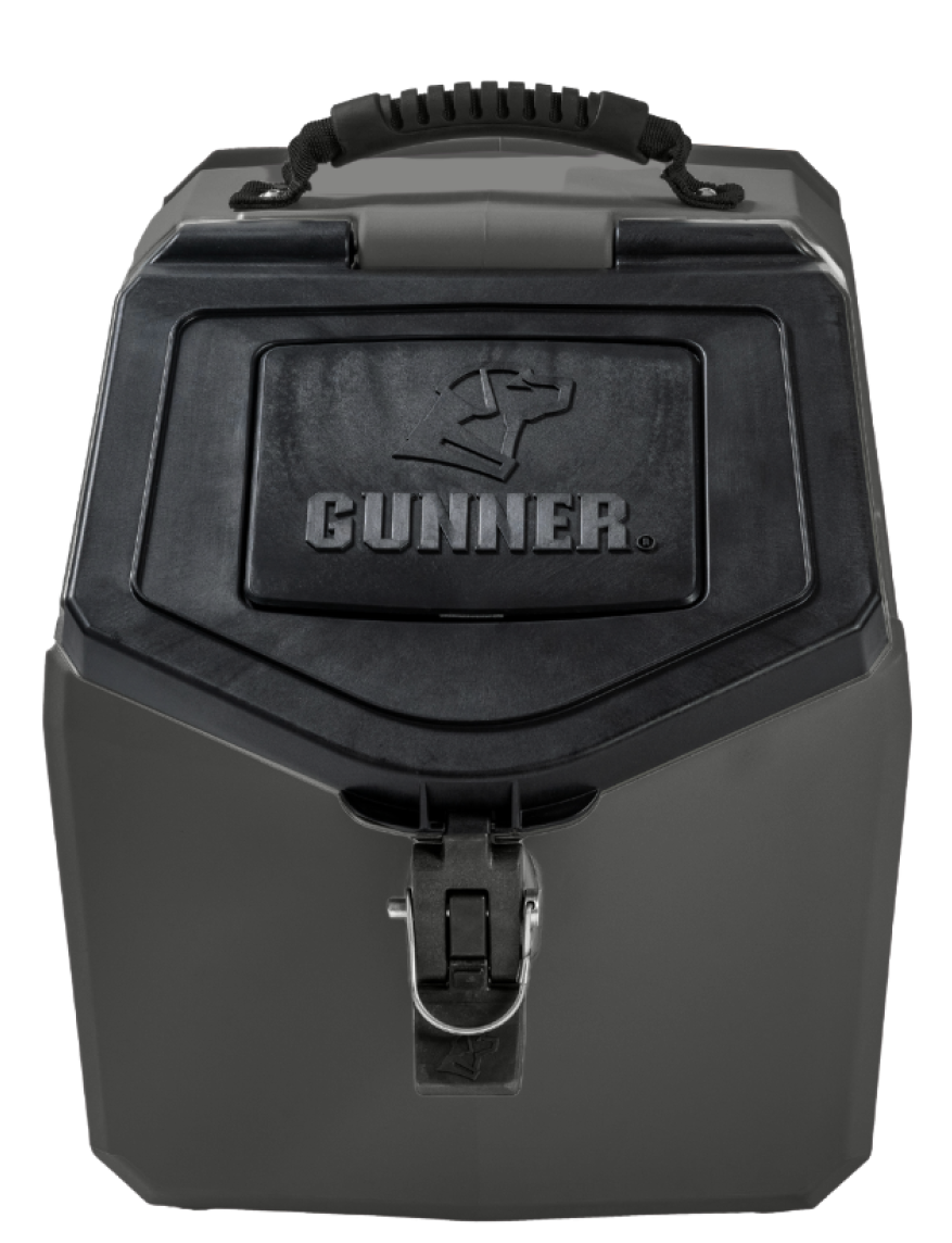 Front view of a gray and black hard-sided dog crate with a handle, latch, and the word GUNNER embossed below a dog head logo on the lid—ideal for safely transporting your working dog or hunting dog.