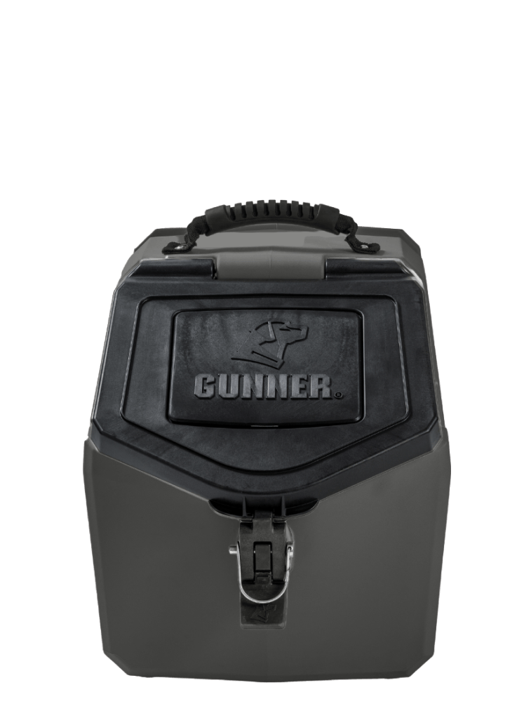 A front view of a gray GUNNER pet food storage container with a black lid, carrying handle, and secure metal latch, perfect for keeping your working dogs food fresh—set against a plain white background.