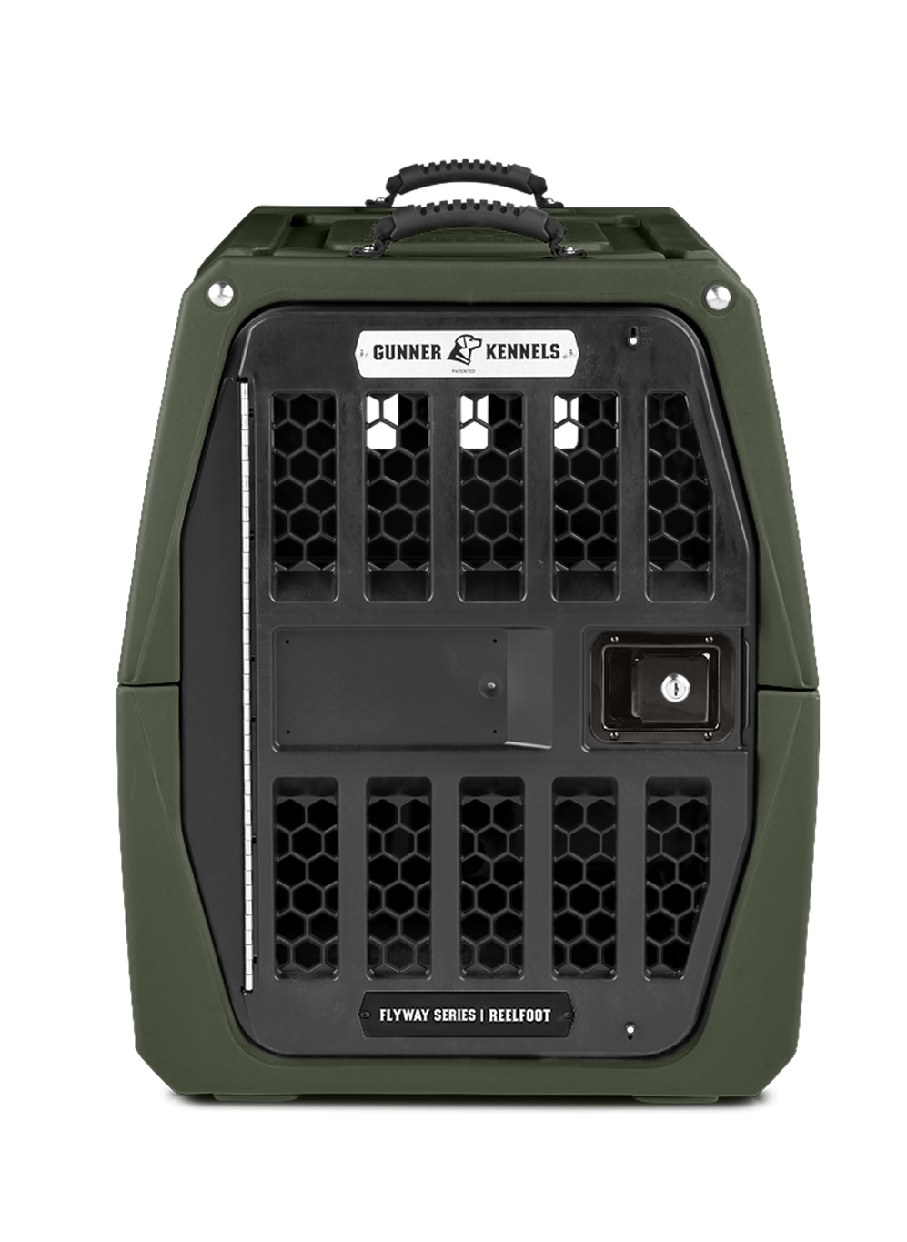A heavy-duty, dark green and black dog kennel designed for the demands of a working dog, with a sturdy handle on top, hexagonal ventilation holes, secure latch, and Gunner Kennels label above the door.