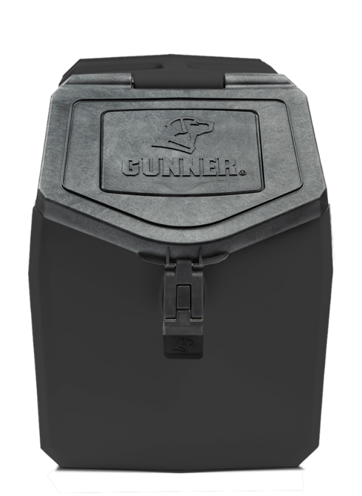 Black, rectangular dog food storage container with a secure gray lid labeled GUNNER and a latch closure on the front. Designed for outdoor gear, the lid features a stylized dog logo above the brand name.