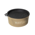 A tan, round pet food or water bowl with a black lid and a handle on one side—perfect for outdoor gear. The word WAYLON is printed in white letters on the front.