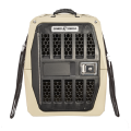 A beige and black hard-shell pet carrier with a ventilation grid door, secure latch, and top handle—ideal as a portable kennel for safely transporting small animals as part of your outdoor gear.