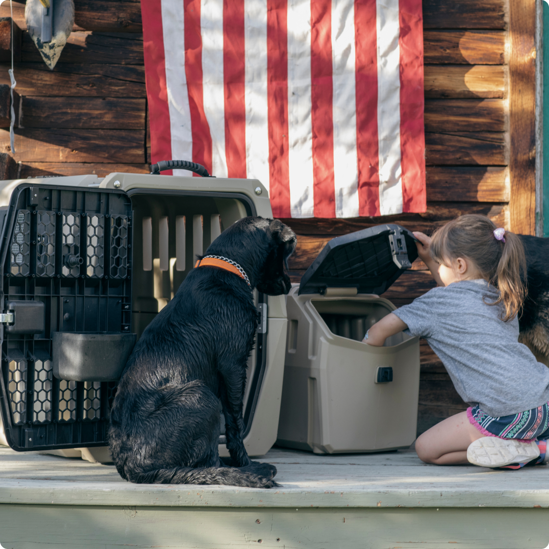 A young girl kneels on a porch beside two large dog crates. A black hunting dog sits in front of her, watching as she opens one crate. An American flag hangs on the wooden wall behind them.