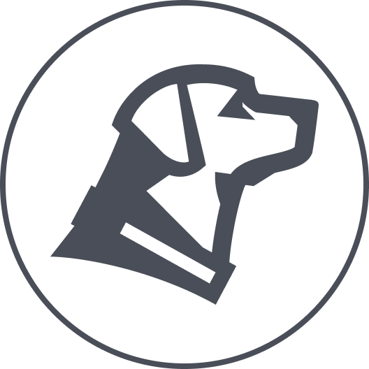 Simple gray and white graphic of a hunting dog’s head in profile, enclosed within a circular border. The dog appears alert, as if ready for outdoor gear or kennel time, and is facing to the right.