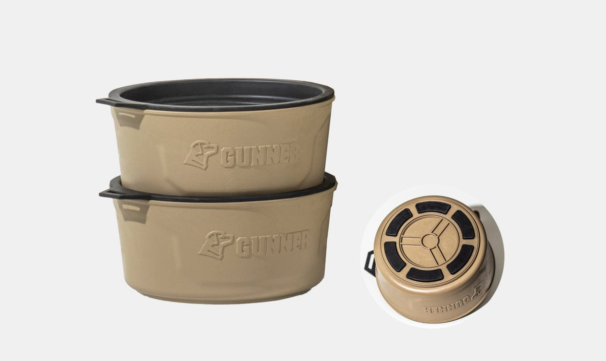 Two tan-colored stackable pet bowls labeled Gunner, shown side by side with a view of the anti-skid bottom design on the right. Perfect for use in a kennel or dog crate. The background is plain white.