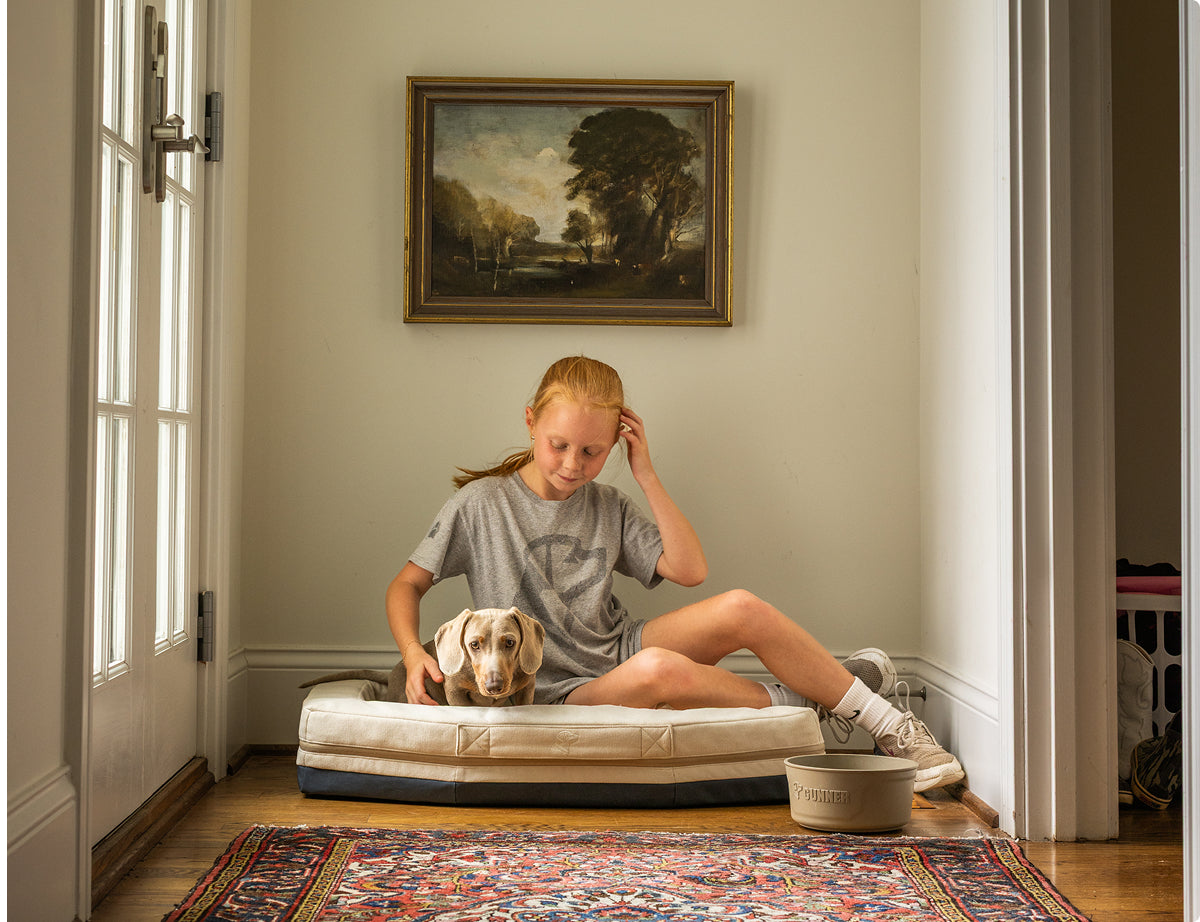 A young girl with red hair sits on a dog bed in a hallway, petting a light-colored working dog. She wears a gray T-shirt and sneakers. A landscape painting hangs above them, with a water bowl, rug, and kennel nearby.