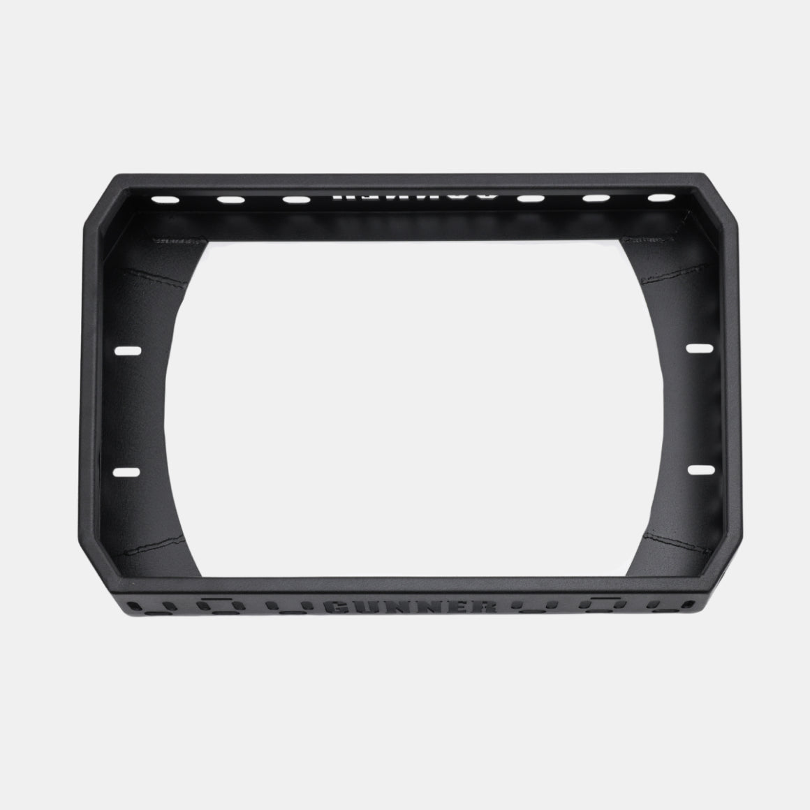 Rectangular black metal frame with rounded inner corners and multiple holes along the edges, photographed on a plain white background—ideal as a sturdy base for a dog crate or other outdoor gear.
