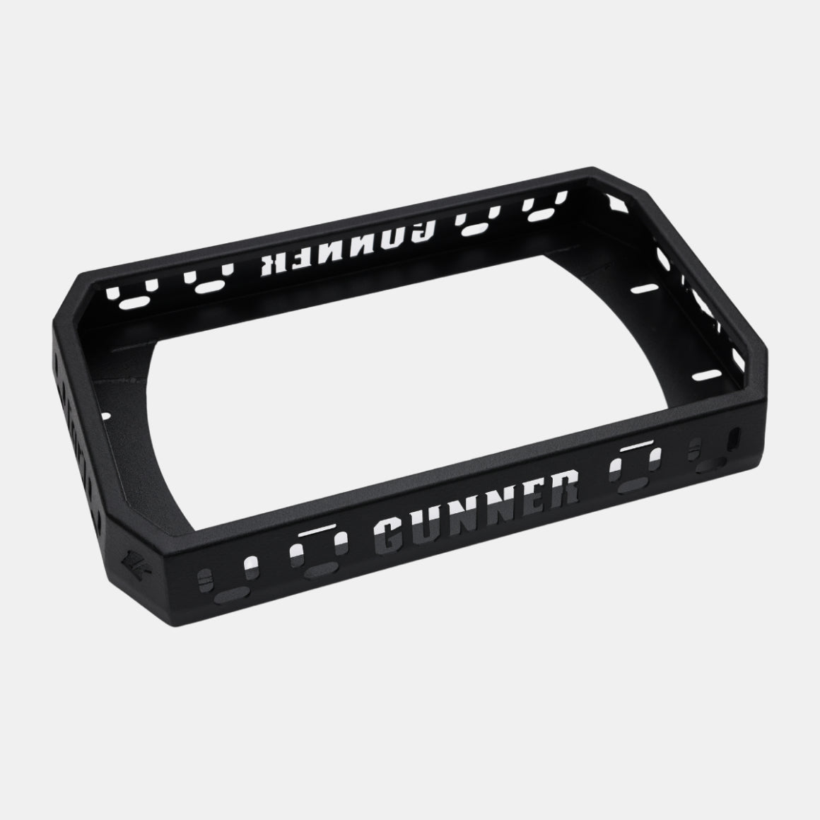 A black, rectangular license plate frame with the word GUNNER and circular designs cut into the metal, inspired by hunting dog kennels, shown on a plain white background.