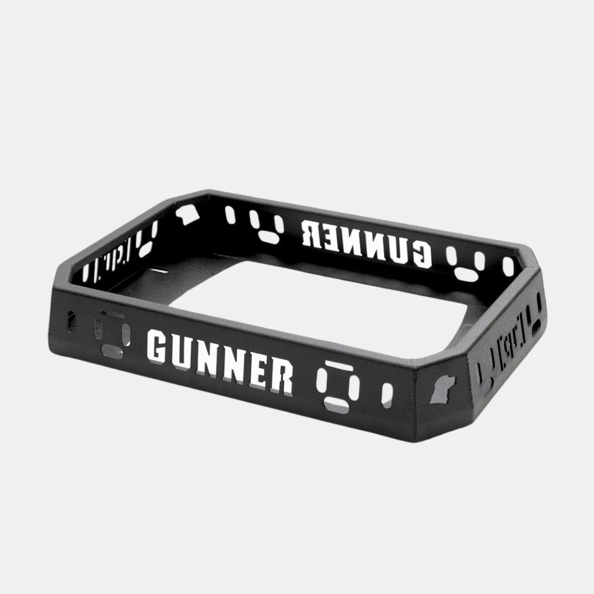 A black license plate frame with the word GUNNER in bold white letters on the bottom, featuring various cut-out shapes and text designs—perfect for showing your love for outdoor gear or your loyal hunting dog.