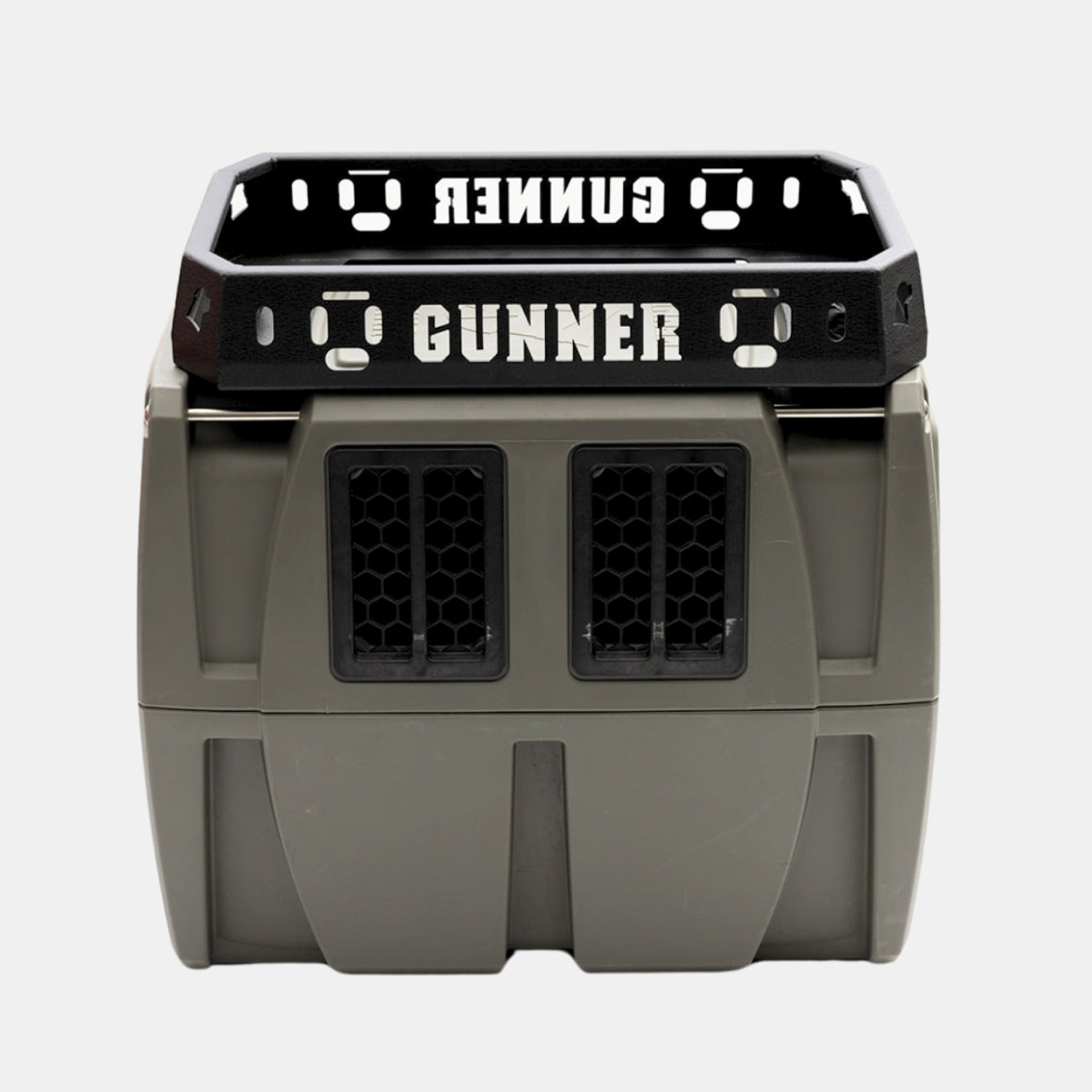 A sturdy gray dog crate with two black vents on the front and a black panel on top labeled GUNNER in bold white letters—perfect as outdoor gear or a reliable kennel for your pet.