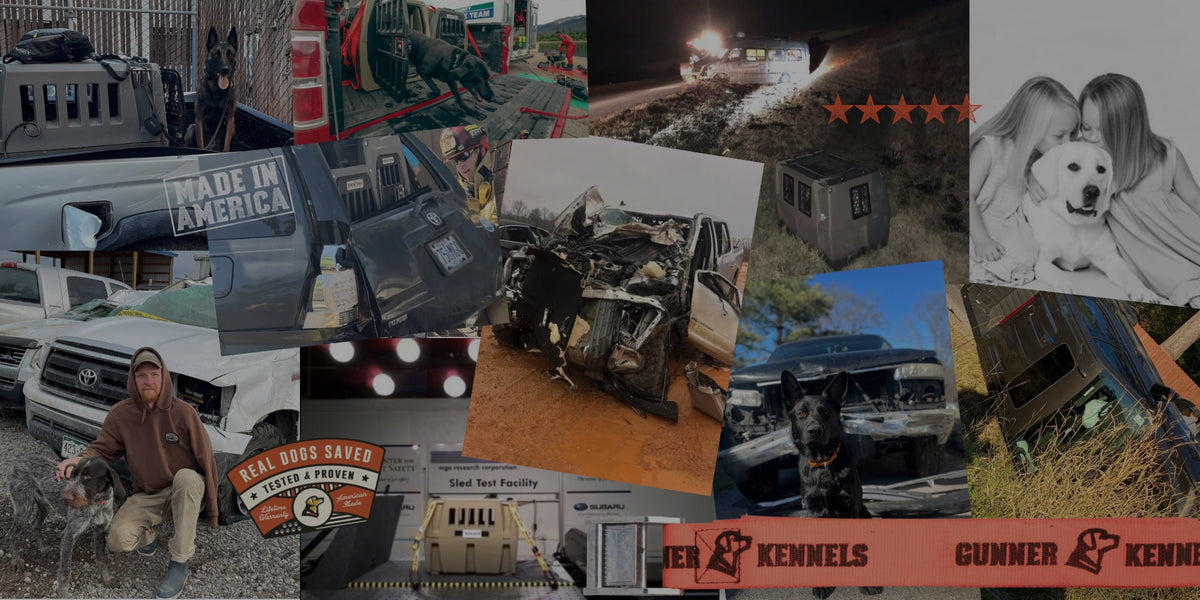 A collage featuring pet crates, damaged vehicles, emergency scenes, dogs, a Made in America label, and a Real Dogs Saved badge highlights the importance of durable dog kennels for working and hunting dogs in critical situations.