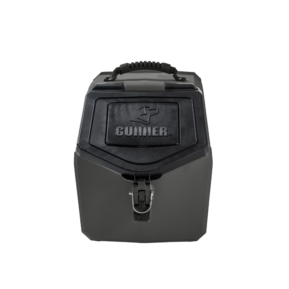 The GUNNER FOOD CRATE - Black by GUNNER is a sturdy, waterproof pet food container in dark gray and black, featuring a top handle, front latch, and GUNNER embossed on the lid, shown against a plain white background.