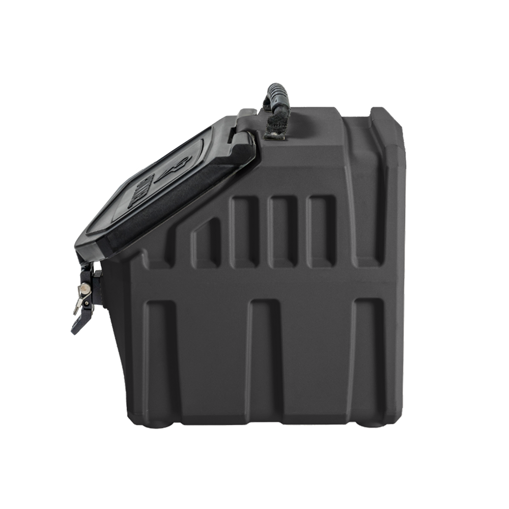 The GUNNER FOOD CRATE - Black by GUNNER is a hard-sided, odor-proof container with a hinged lid and front lock for secure storage, shown partially open from the side against a plain white background.