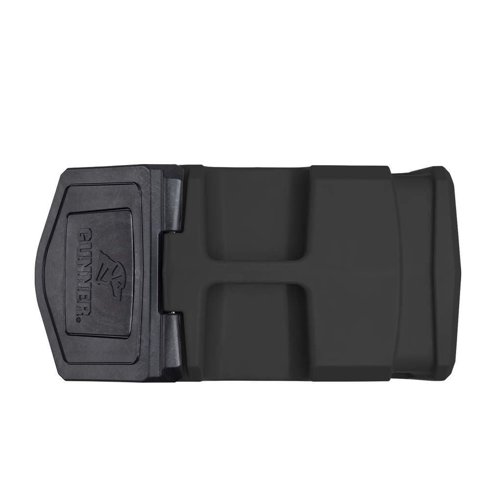 A black, rectangular plastic buckle clip with GUNNER and a dog logo embossed on the left, designed for securing the GUNNER FOOD CRATE - Black by GUNNER, is shown against a plain white background.