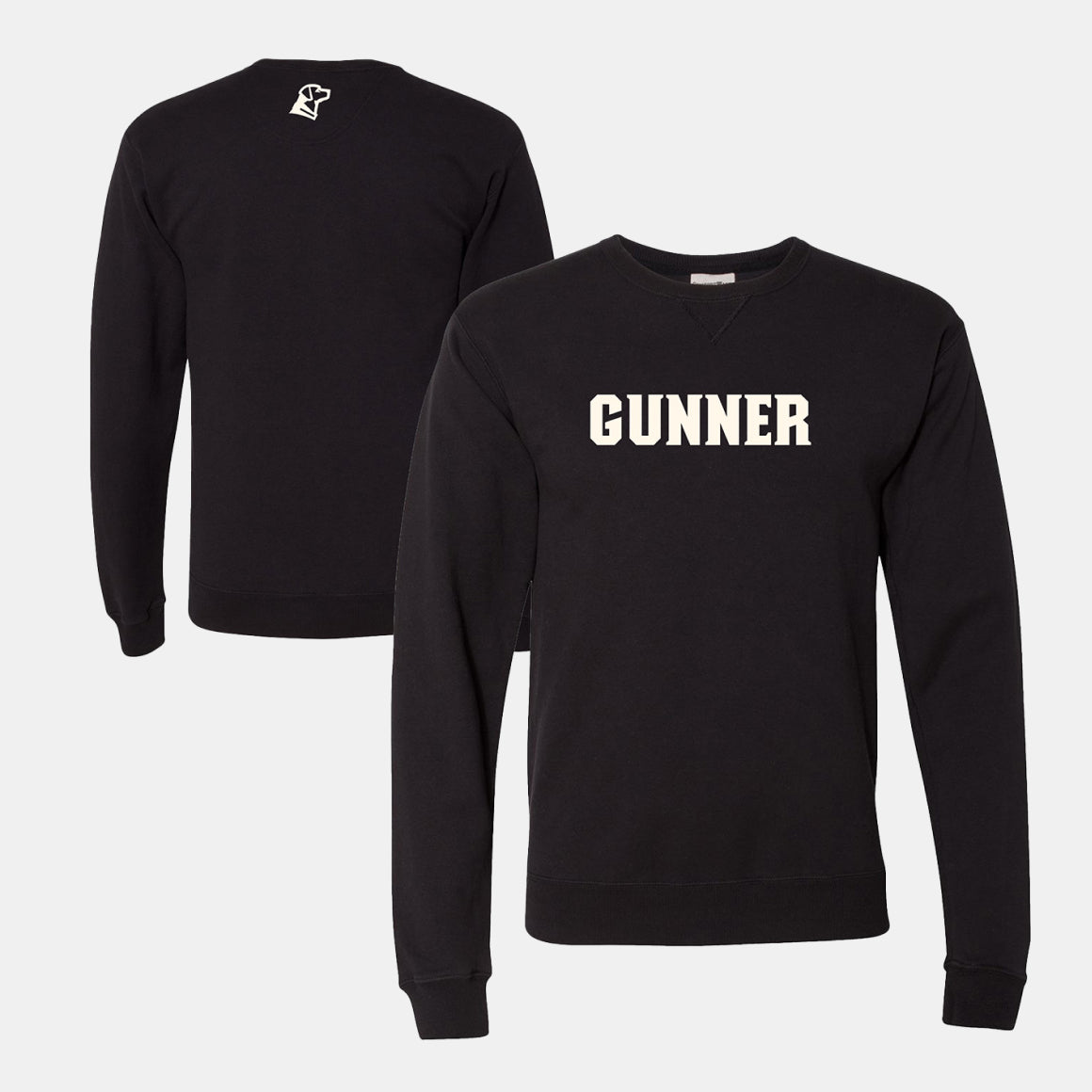 Black crewneck sweatshirt shown from front and back. The front displays GUNNER in bold white letters, inspired by the dedication of a working dog, while the back features a small white graphic near the neckline.