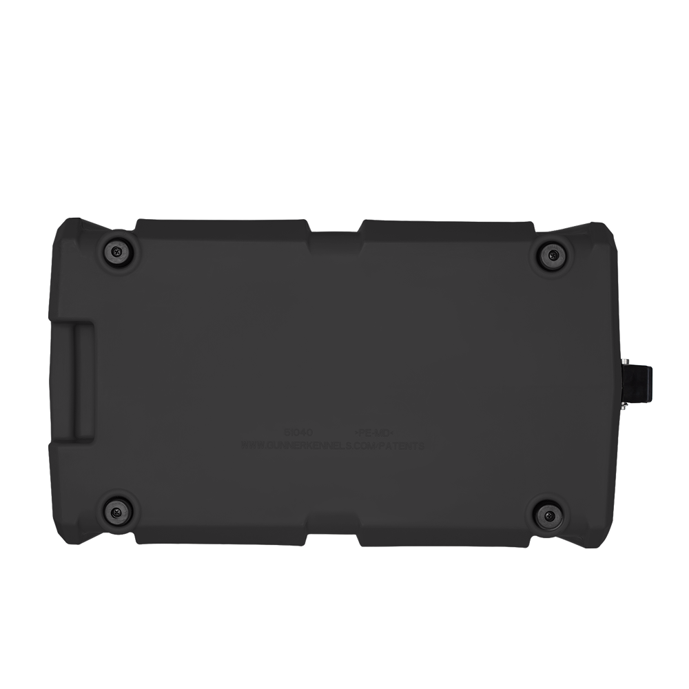 The GUNNER FOOD CRATE - Black by GUNNER is a rugged, rectangular hard shell case with four corner screws and a built-in left-side handle, designed as a pest proof container. Shown lying flat against a plain white background.