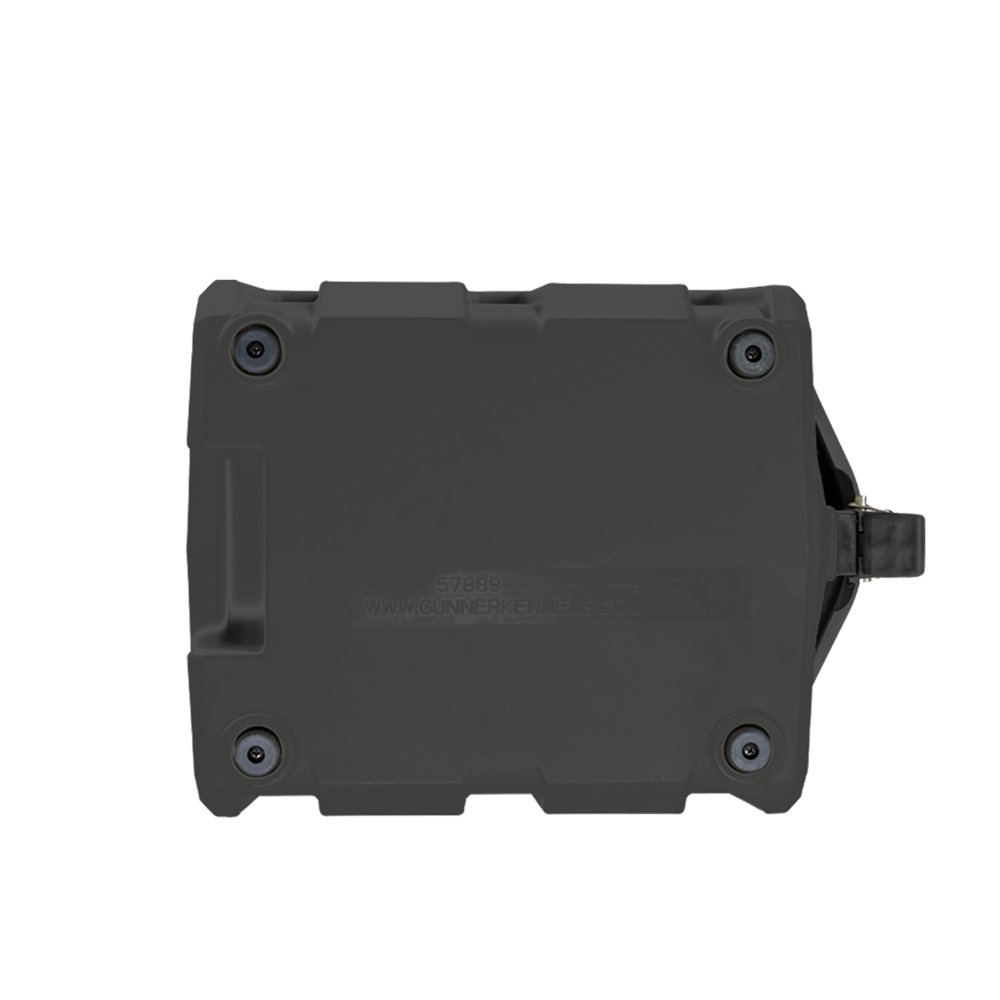 The GUNNER FOOD CRATE - Black by GUNNER is a rectangular, hard plastic dog food storage case with rounded corners, four corner screws, and a right-side latch, designed to be pest proof; shown against a plain white background.