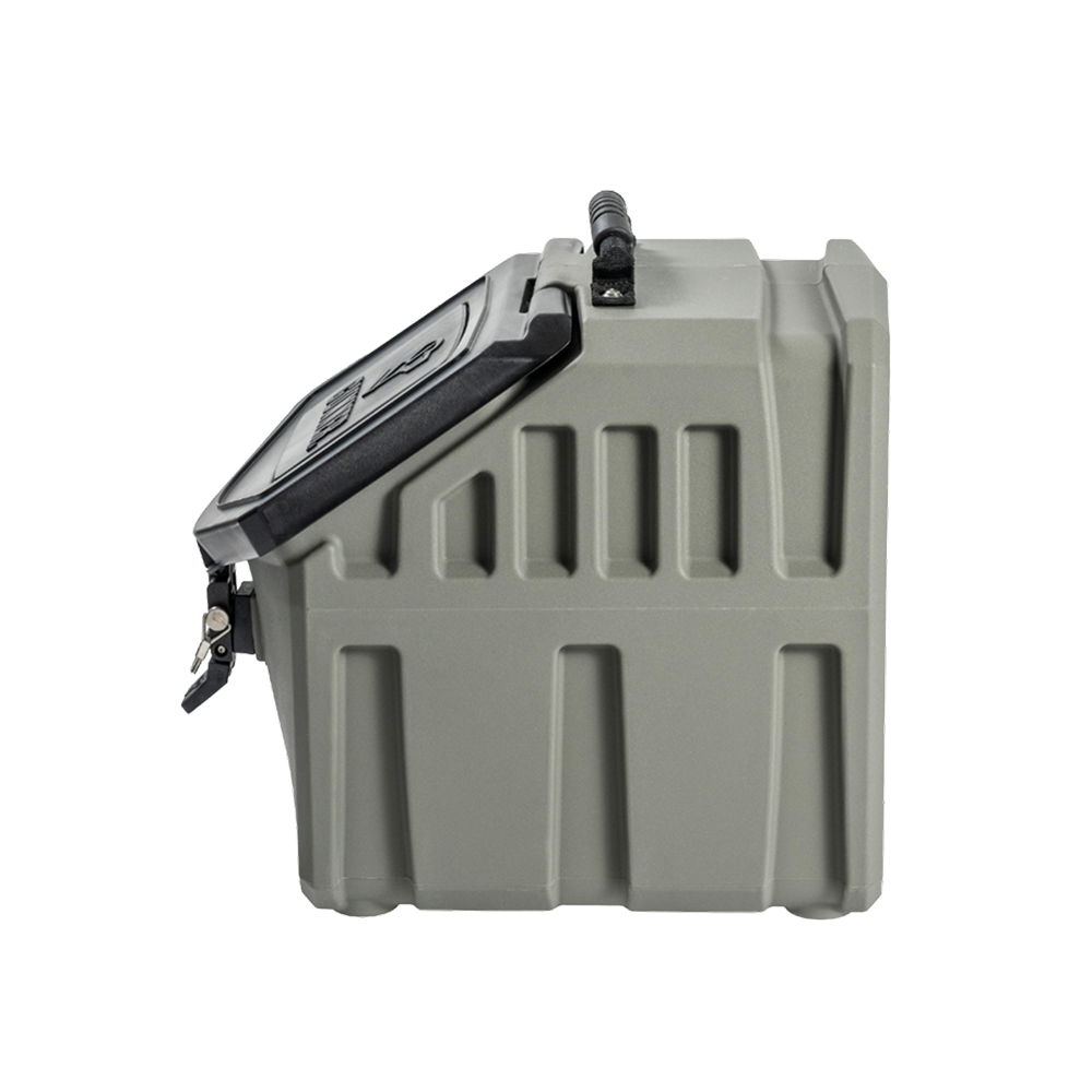 The GUNNER FOOD CRATE - GUNMETAL by GUNNER is a gray, rectangular waterproof dog food container with a black hinged lid, lock, handle on top, and ridged details, shown from the side against a plain white background.
