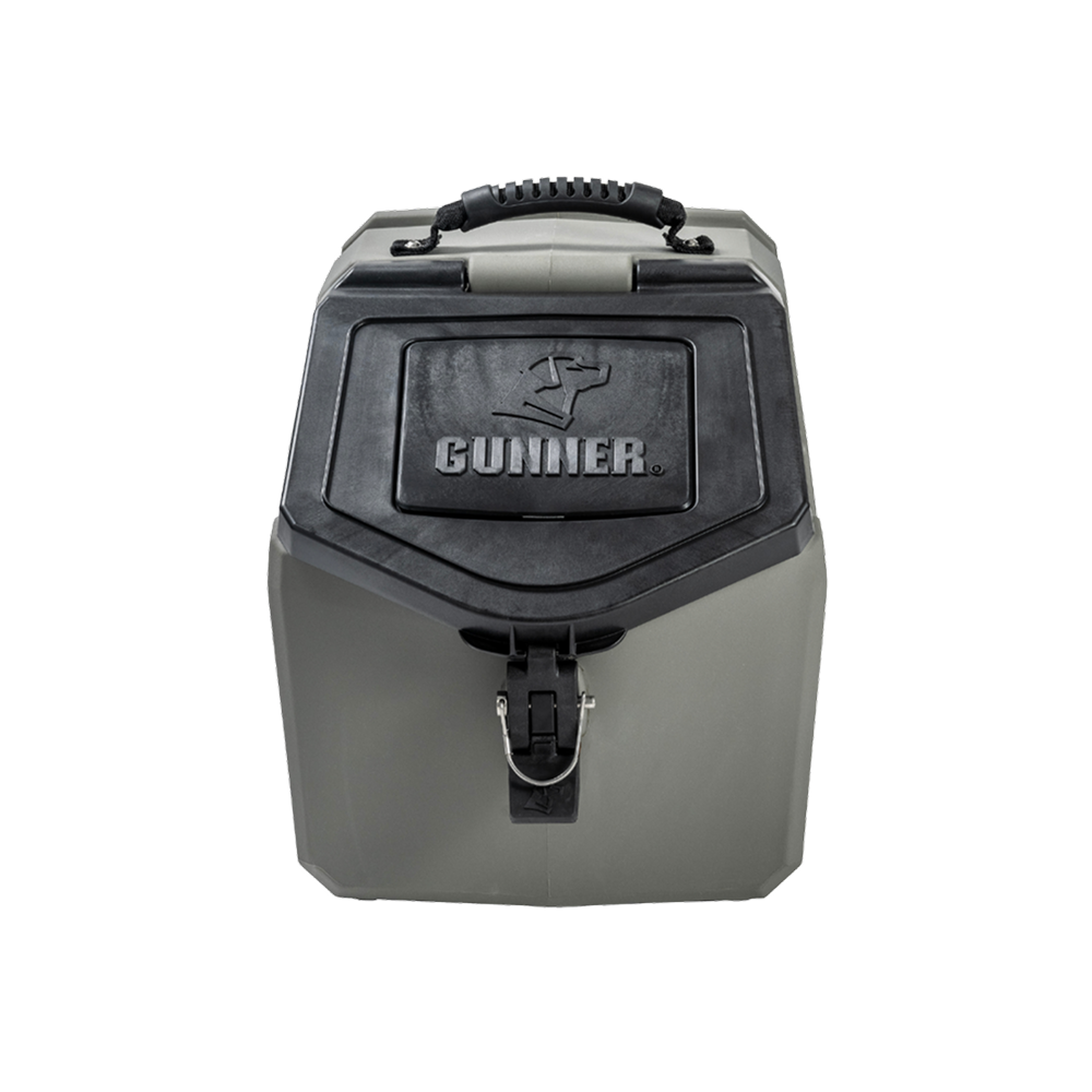 The GUNNER FOOD CRATE - GUNMETAL by GUNNER is a gray and black hard-shell, odor-proof dog food container with a top handle, front latch, and GUNNER embossed on the lid. It is shown against a plain white background.