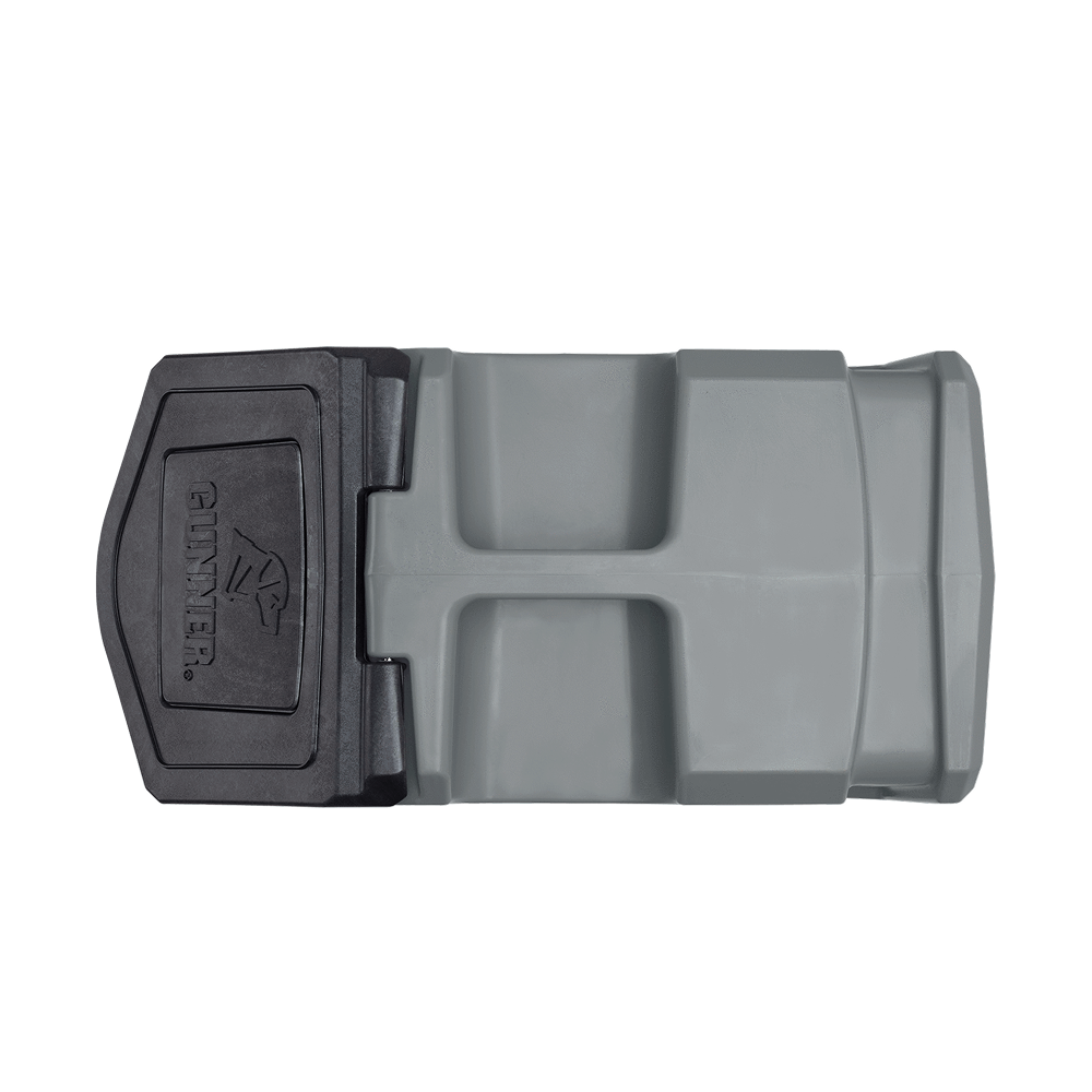 A gray and black plastic GUNNER buckle, embossed with the brand name, shown from above against a white background. Designed for the GUNNER FOOD CRATE - GUNMETAL, a waterproof and odor-proof dog food storage container.