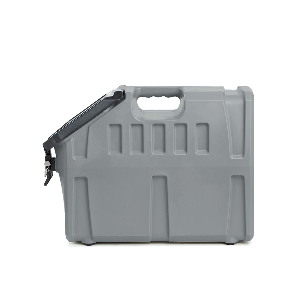 The GUNNER FOOD CRATE - GUNMETAL by GUNNER is a durable, gray hard plastic pet food container with a built-in handle and black zippered top, perfect for storing supplies. Shown against a plain white background.