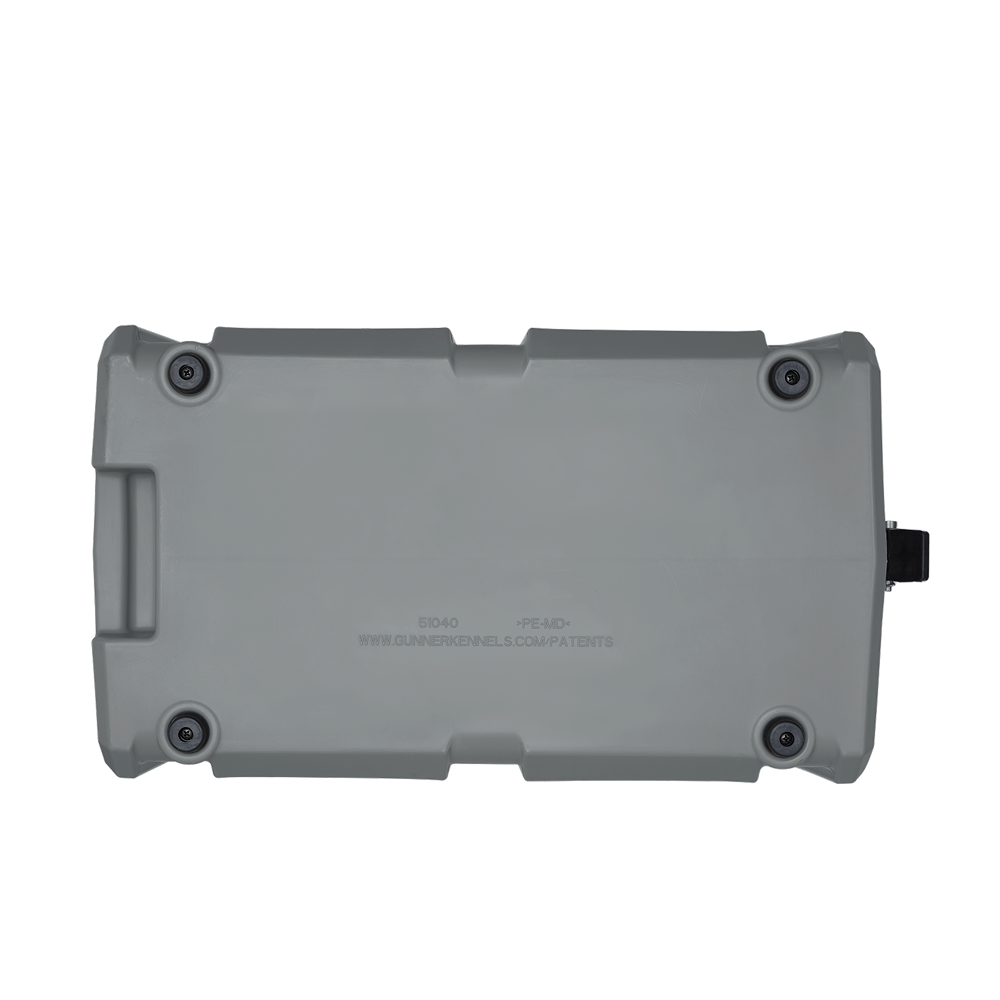 The GUNNER FOOD CRATE - GUNMETAL by GUNNER is a flat, rectangular gray plastic dog food container with rounded corners, four screws, a side handle, and a small black latch, shown against a plain white background.