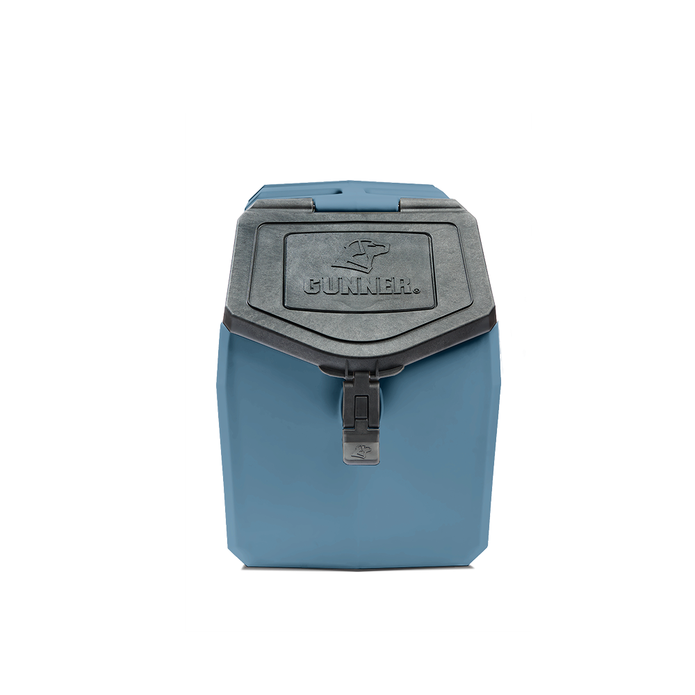 The GUNNER FOOD CRATE - Ducks Unlimited Blue is a hard-sided, blue and gray airtight dog food container with a latch, handle, and embossed GUNNER logo on the lid. Proudly made in America.