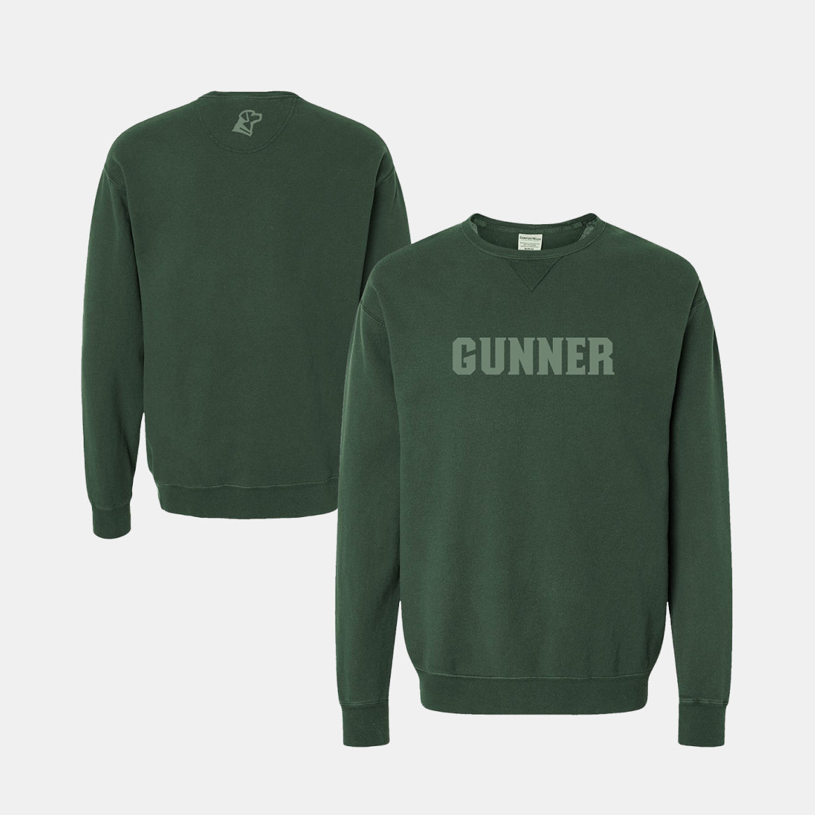 Dark green crewneck sweatshirt with “GUNNER” printed in bold, capital letters on the front. Perfect for working dog enthusiasts, it features a small, light-colored icon or logo at the upper center near the collar on the back.
